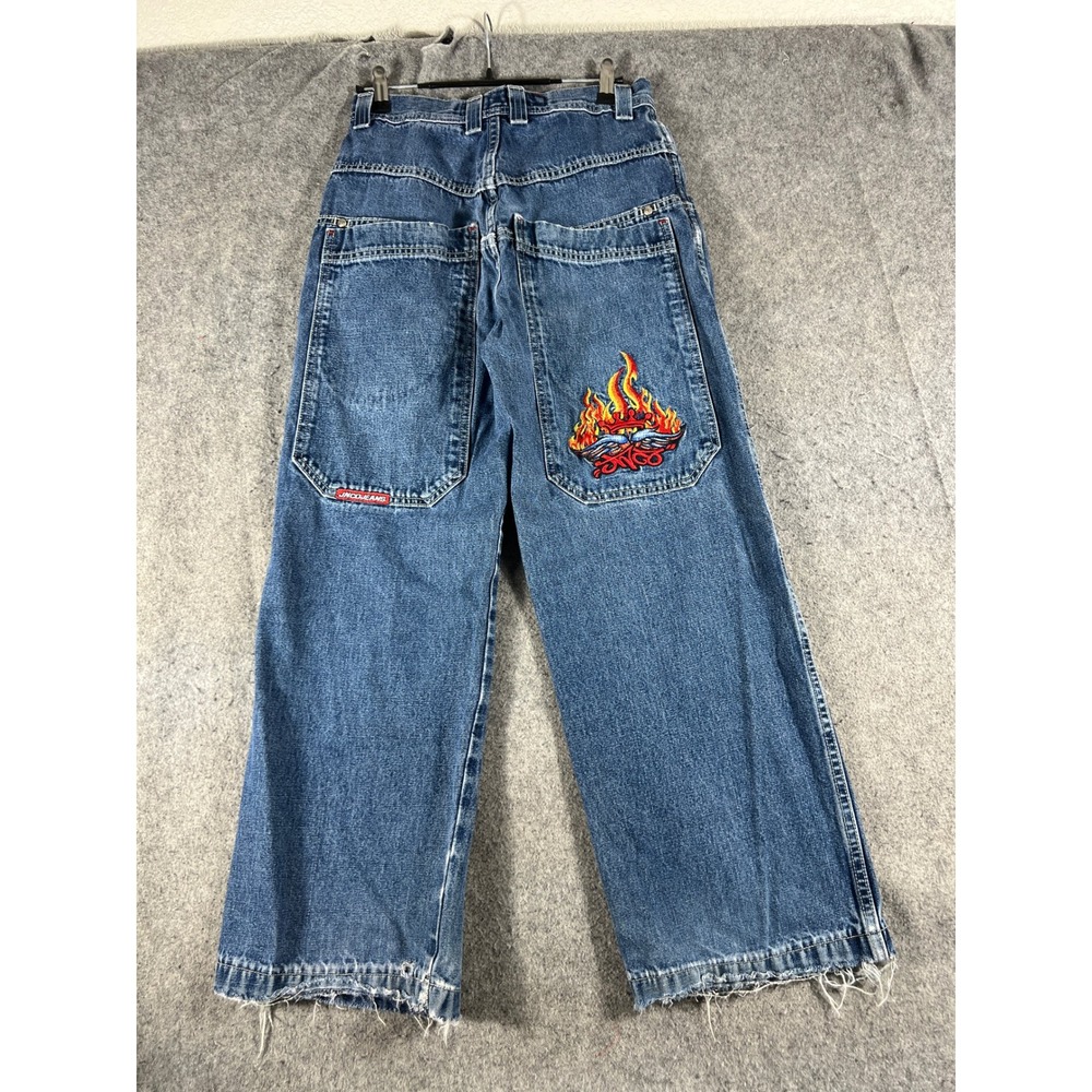 VINTAGE Y2K JNCO Jeans Youth 16 Blue Denim Flame Crown Wide Leg Baggy Skater